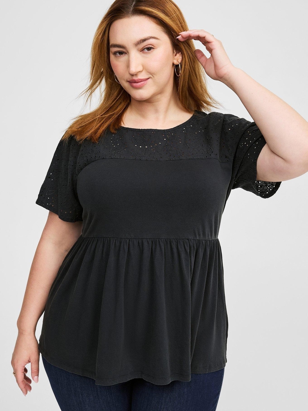 torrid Black Eyelet Yoke Short Sleeve Peplum Top